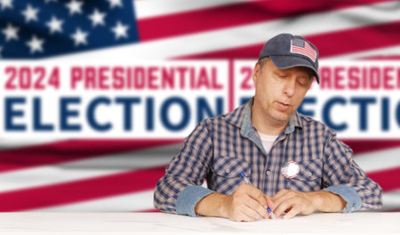 Man in the polling stations. United States presidential election in 2024. USA flag.