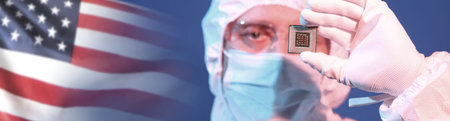 Scientific research concept on USA flag background. Chip maker. 3d illustrationの写真素材