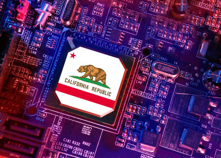 Flag of State of California on hi tech concept background.の写真素材