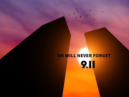 Patriot Day. Background with Twin Towers Silhouette. 3d Illustration.