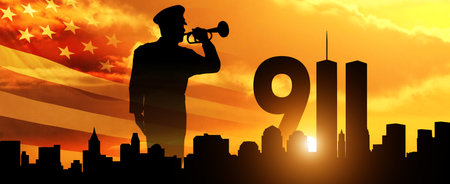 Patriot Day. Twin Towers and Policeman Silhouette. Minute of silence. 3d Illustration.の写真素材
