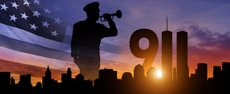 Patriot Day. Twin Towers and Policeman Silhouette. Minute of silence. 3d Illustration.の写真素材