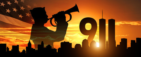 Patriot Day. Twin Towers and Sailor Silhouette. Minute of silence. 3d Illustration.