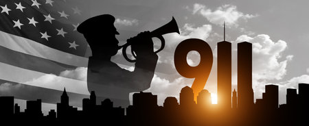 Patriot Day. Twin Towers and Policeman Silhouette. Minute of silence. 3d Illustration.