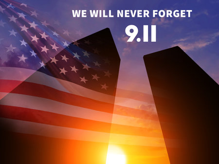 Patriot Day. Background with Twin Towers Silhouette. 3d Illustration.の写真素材