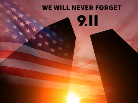 Patriot Day. Background with Twin Towers Silhouette. 3d Illustration.の写真素材