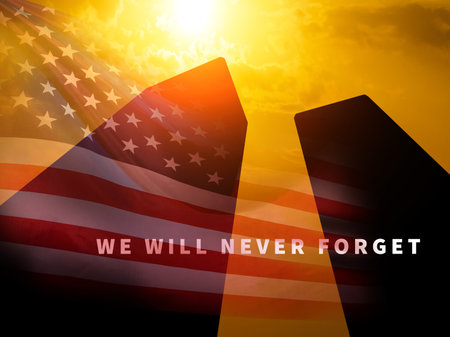 Patriot Day. Background with Twin Towers Silhouette. 3d Illustration.