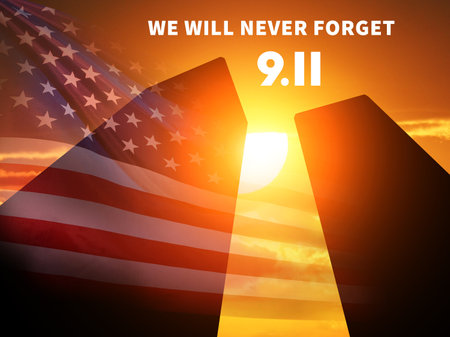 Patriot Day. Background with Twin Towers Silhouette. 3d Illustration.の写真素材