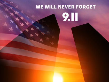 Patriot Day. Background with Twin Towers Silhouette. 3d Illustration.の写真素材