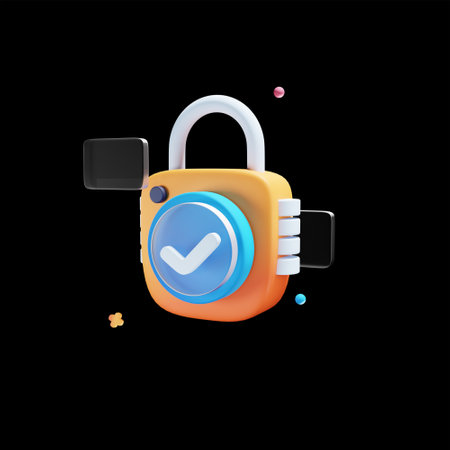 Smartphone and padlock with check mark icon isolated on black backgroundの写真素材