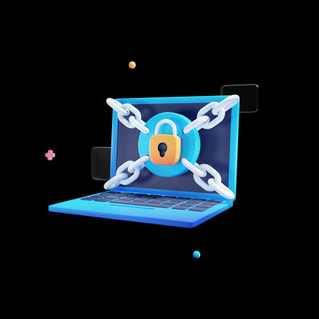 Laptop locked with chain and padlock. Computer security concept. Vector illustrationの写真素材