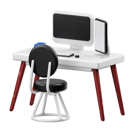 Computer and chair isolated on a white background. 3d rendering.の写真素材