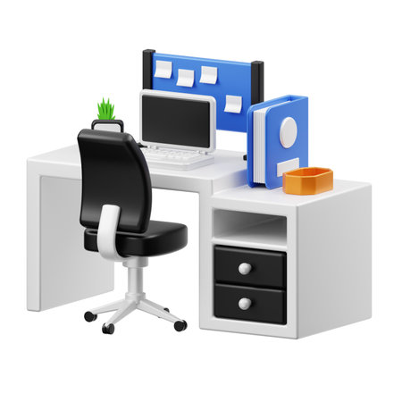 3d illustration of office desk with computer and chair isolated on white backgroundの写真素材