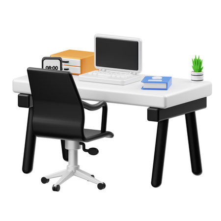 Office table with laptop and books. 3d illustration isolated on white backgroundの写真素材