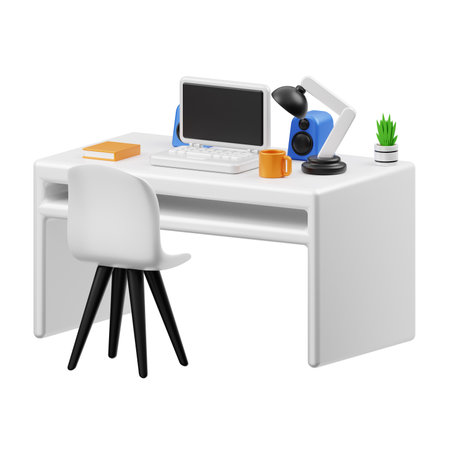 3d illustration of desk with computer and microscope isolated on white backgroundの写真素材