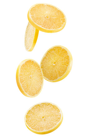 falling lemon slices with clipping path isolated on a white background.の写真素材