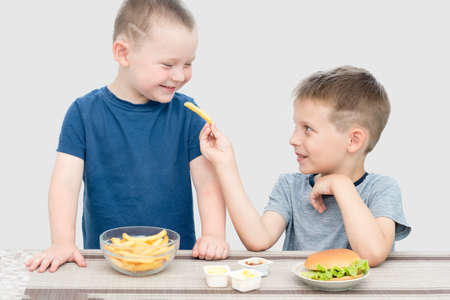 two cute boys eating fast food at home. One offers the other French fries.Children are happy and smiling.The concept is unhealthy, harmful, food, treats, friendship.horizontally, on a white background.の写真素材