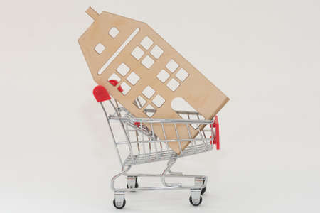On a white background in a cart from a supermarket lies a schematic multi-storey, apartment...