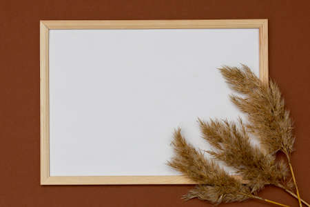 an empty wooden photo frame lies on a brown background, and next to it are three fluffy branches,...
