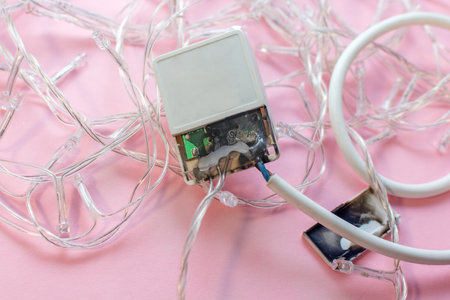 a non-working Christmas tree garland lies on a pink background. The block burned out, the contact...