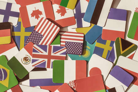 many different flags of different countries. Background. View from above. Close-up. Horizontal photo.の写真素材