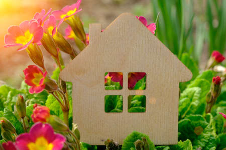 a mock-up of a small wooden house stands against a background of greenery and purple flowers. Sunlight. The concept is own real estate, a dream of a house, a summer residence, a mortgage. Close-up, horizontal photoの写真素材