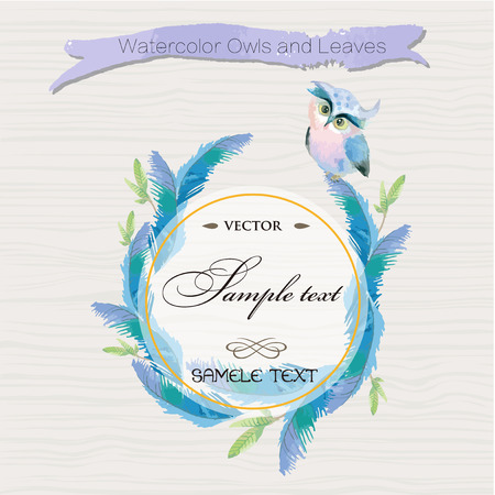 Watercolor Owl and Leavesのイラスト素材