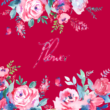 Watercolor of Flowers Peony, Rose and Butterflyの写真素材
