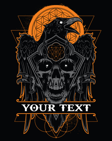 Dark evil raven with spread wings and skull.Vector illustrationのイラスト素材