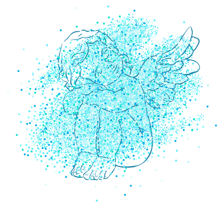 Calligraphy lettering It's a boy. Vector hand drawn invitation to the baby shower for a boy with angel and blue glittering confettiのイラスト素材