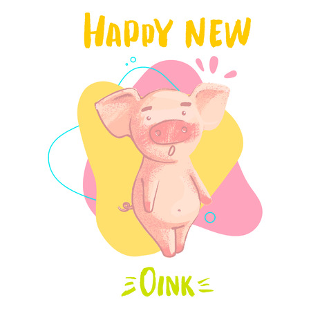 Conceptual vector illustration with lettering happy new oink and cartoon style pig isolated on background. Hand drawn vector illustration.のイラスト素材
