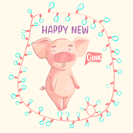 Conceptual vector illustration with lettering happy new oink and cartoon style pig isolated on background. Hand drawn vector illustration.のイラスト素材