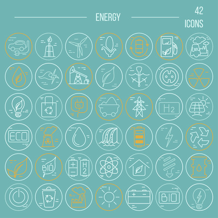 Line icons with power generation and accumulation  symbolsのイラスト素材