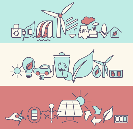 Line style vector illustration of renewable resources. Green energy symbols - solar panel, wind energy, eco house with place for your text. alternative energy concept isolated on background.のイラスト素材