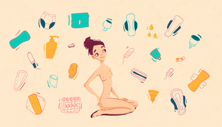 feminine hygiene concept with cartoon style girl isolated on background. Hand drawn vector illustration.のイラスト素材