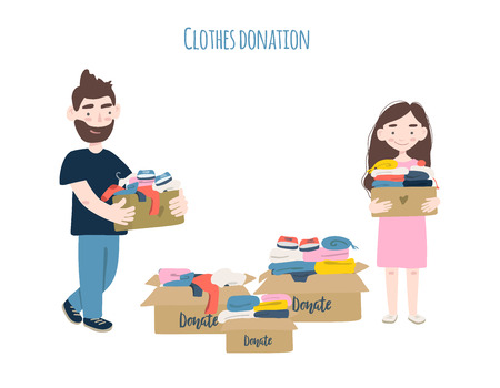 Modern flat vector illustration. Family or volunteers holding cardboard boxes with clothing for donation or recycling.のイラスト素材