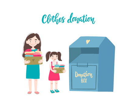 Modern flat vector illustration. Mother and daughter holding cardboard boxes with clothing for donation or recycling and clothing container.のイラスト素材