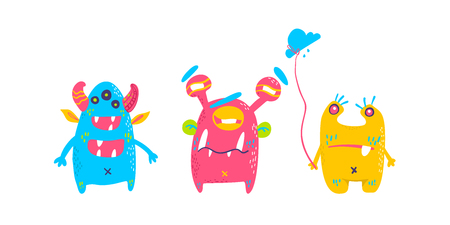 Cute cartoon monsters collection. Vector set of flat isolated monsters. Good design for illustration, poster, print, t-shirt, party decoration, logo, emblem or sticker.のイラスト素材