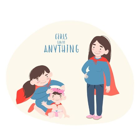 Superhero mother and daughters in superheroes costume.のイラスト素材