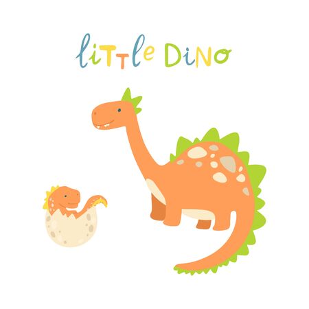 Flat cartoon style cute dinosaur with baby dino in the egg.  Vector illustration for card or poster, children room decoration, kids dino party designs, kids fashion. Lettering little dinoのイラスト素材
