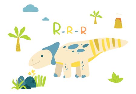 Flat cartoon style cute dinosaur. Vector illustration for card or poster, children room decoration, kids dino party designs, kids fashion. Lettering Rrrrrのイラスト素材