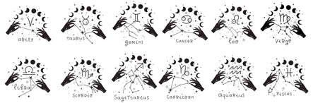 Zodiac astrology horoscope design vector illustrations set. esoteric zodiacal horoscope templatesのイラスト素材