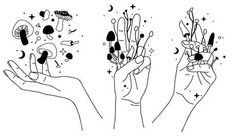 Mystical mushrooms. Hand drawn vector. Esoteric clipartのイラスト素材