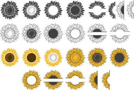 Vector bundle of sunflowers. Monogram, border, frameのイラスト素材