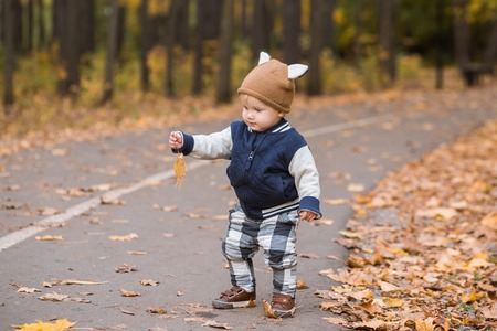 Beautiful baby boy one-year-old crawling, smiles and laughs in fallen leaves - autumn scene. Toddler have fun outdoor in autumn yellow parkの写真素材