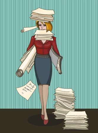 Woman office worker with stack of documentsのイラスト素材