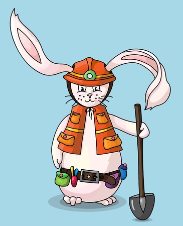 Smiling rabbit with safety helmet, holding a shovel in his handのイラスト素材