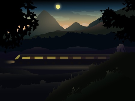 Two lovers in the hills and mountains observing Night Train   Easy to edit because of many named layers  All items are layered in for easy removal のイラスト素材