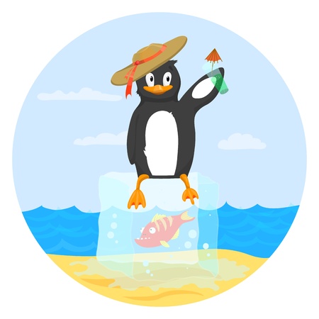 Happy penguin holding a drink and sitting on block of ice   Easy to edit because of many named layers  All items are layered in for easy removal のイラスト素材