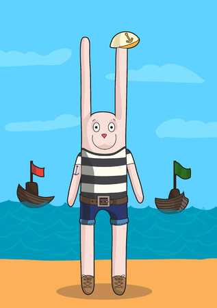 Happy smiling Bunny Seaman in striped vest    Easy to edit because of many named layers のイラスト素材